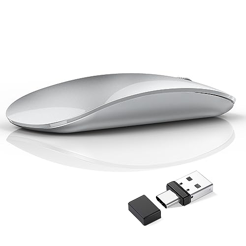 Uiosmuph G11 Wireless Mouse, USB C Rechargeable Computer Mouse, Slim Silent Mice 2.4GHz Optical with USB Nano Receiver and Type C Receiver for Laptop/Mac/PC - Silver