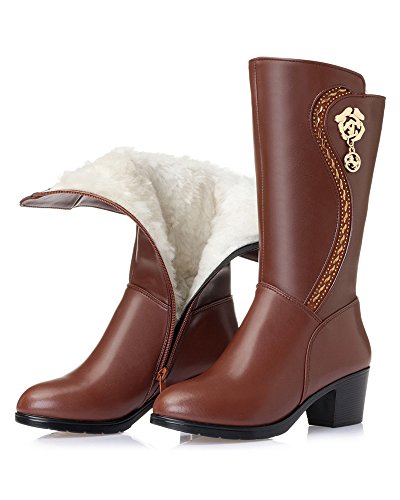 Women's Wool Lined Warm Winter Anti Slip Zip Chunky Heel Fashion Classic Mid-calf Boots (Brown, adult, women, numeric_8, numeric, us_footwear_size_system, medium)