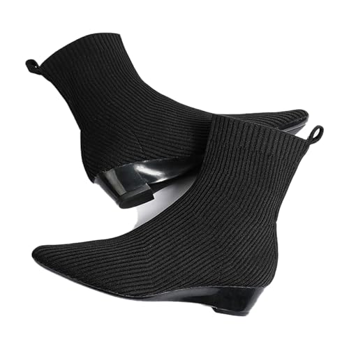 Women's Knitted Elastic Chunky Low Heel Chelsea Boot Slip On Dress Sock Booties Pointed Toe Stacked Block Heel High Top Ankle Boots (Black,6,6)