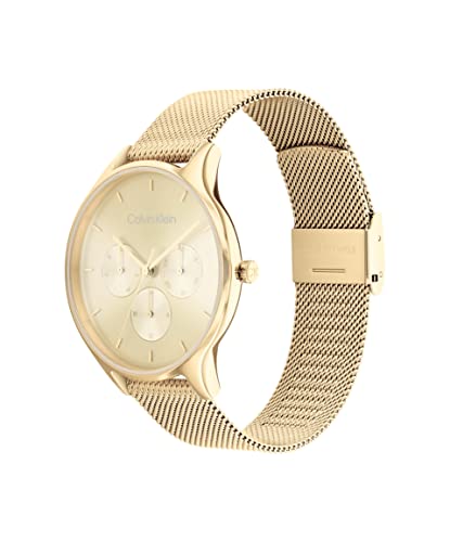 Calvin Klein Women's Multifunction Ionic Gold Plated Steel and Mesh Bracelet Watch, Color: Gold Plated (Model: 25200103)