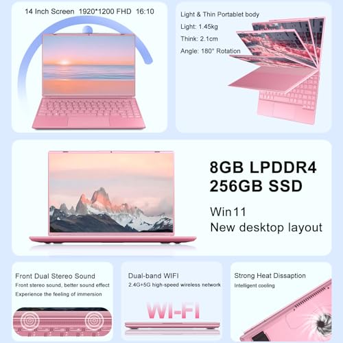 Ruzava/Aocwei 14" Laptop 8GB DDR4 256GB SSD Celeron Intel N5095 (Up to 2.9Ghz) 4-Core Win 11 PC with Cooling Fan 1920 * 1200 2K FHD Screen Dual WiFi Support 1TB SSD Expand for Game Work Study-Pink