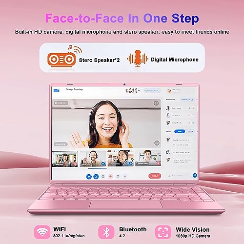 Ruzava/Aocwei 14" Laptop 8GB DDR4 256GB SSD Celeron Intel N5095 (Up to 2.9Ghz) 4-Core Win 11 PC with Cooling Fan 1920 * 1200 2K FHD Screen Dual WiFi Support 1TB SSD Expand for Game Work Study-Pink