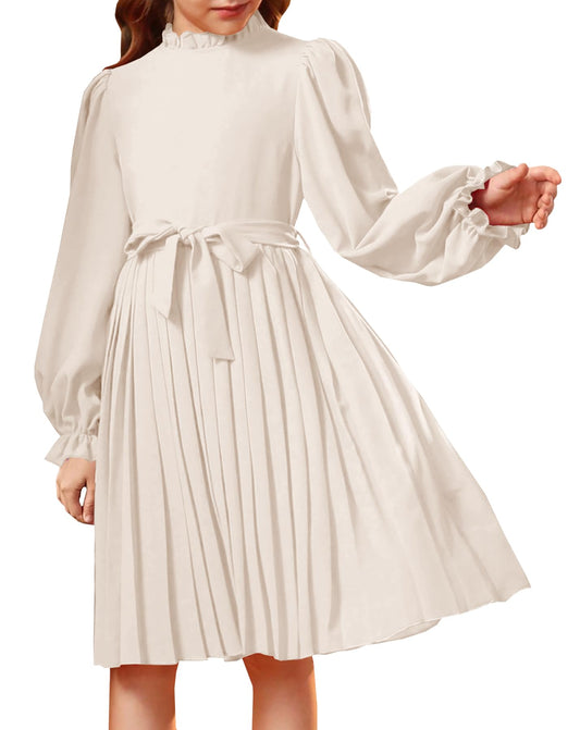 YOVION Elegant Girls Dress Lantern Sleeve Ruffle Boho Flowy Wedding Guest Midi Dresses Size 10 Beige