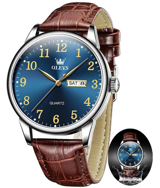 OLEVS Blue Face Mens Watches Brown Leather Watch for Men Large Face Easy Read Men's Wrist Watches Analog Vintage Day Week Men Watches, Reloj Hombre