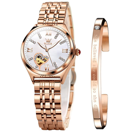 OLEVS Automatic Watch for Women Mechanical Ladies Watch Stainless Steel Self-Winding Diamond Heart dial Waterproof Luminous Wrist Watch White