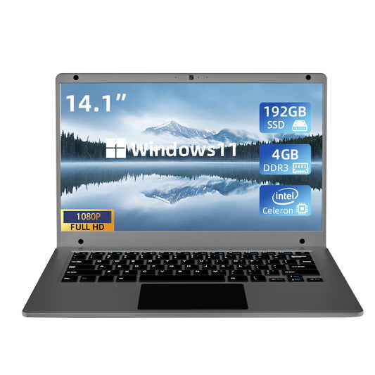 Morostron 14.1 Inch Windows 11 Laptop with Intel Quad Core Processor, 4GB DDR4 192GB SSD, 1080P Full HD IPS, Webcam, USB 3.0, WiFi, Bluetooth 4.2, Mini HDMI, Gray