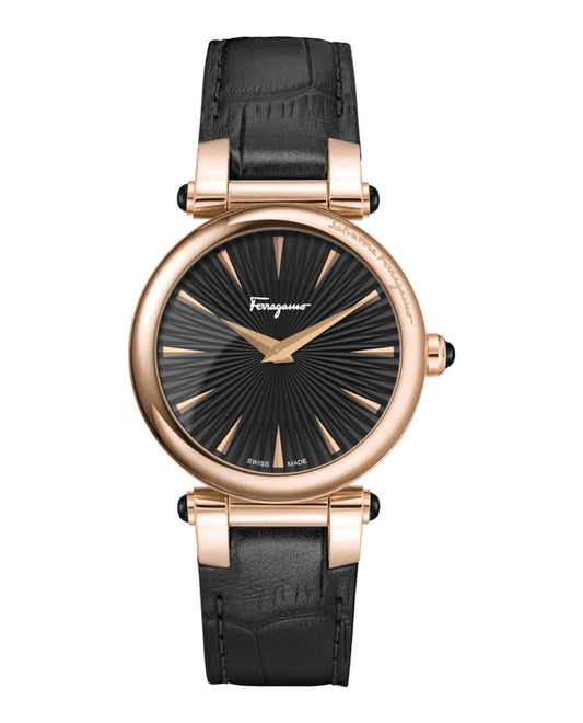 Ferragamo Womens Swiss Made Watch Idillio Collection Featuring Adustable Black Genuine Leather Strap with Black Sunray Dial and Stainless Steel with Rose Gold Details Swiss Quartz Movement