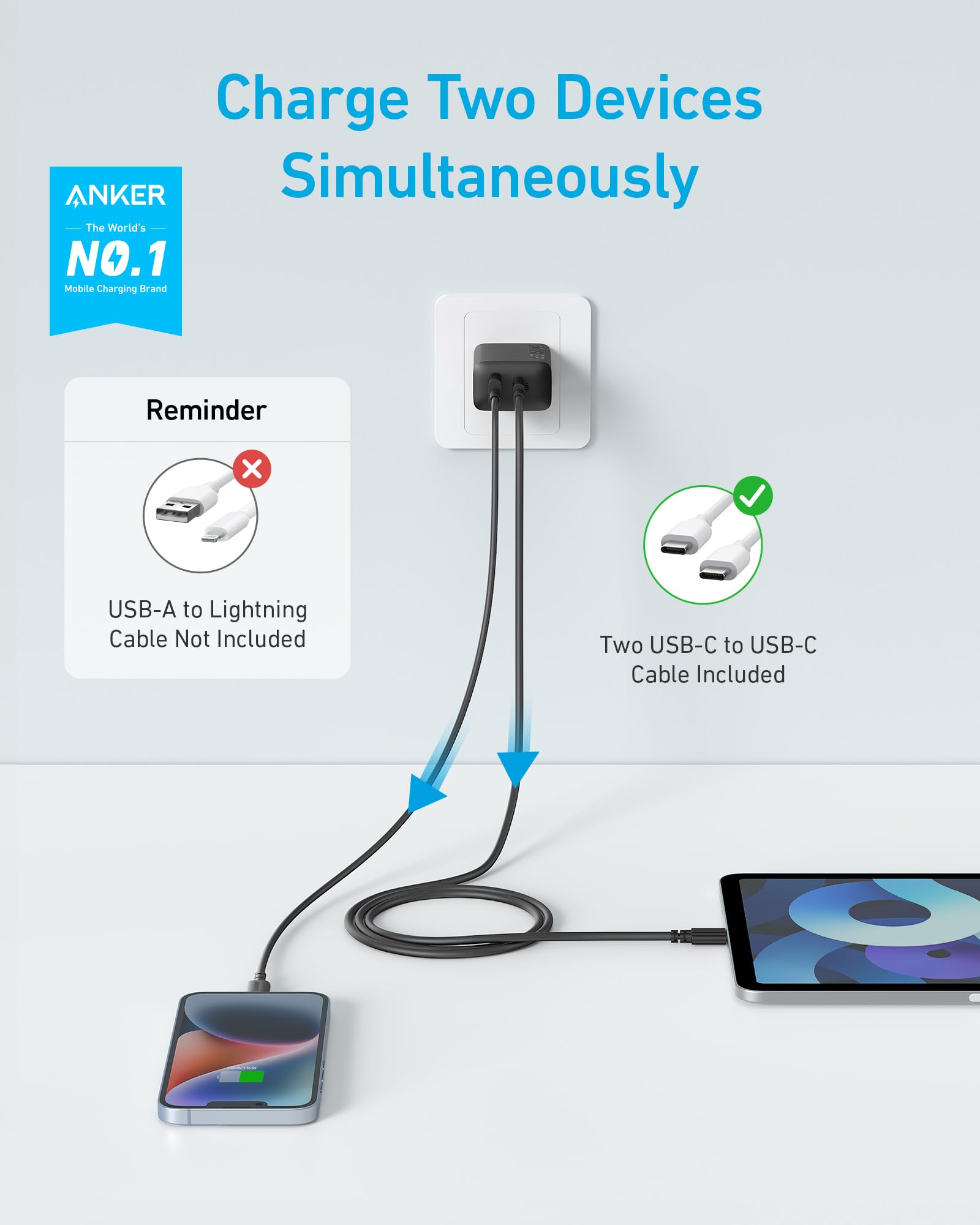 Anker iPhone 15 Charger, Anker USB C Charger, 2-Pack 20W Dual Port USB Fast Wall Charger, USB C Charger Block for iPhone 15/15 Pro/15 Pro Max/iPad Pro/AirPods & More (2-Pack 5 ft USBC Cable Included)