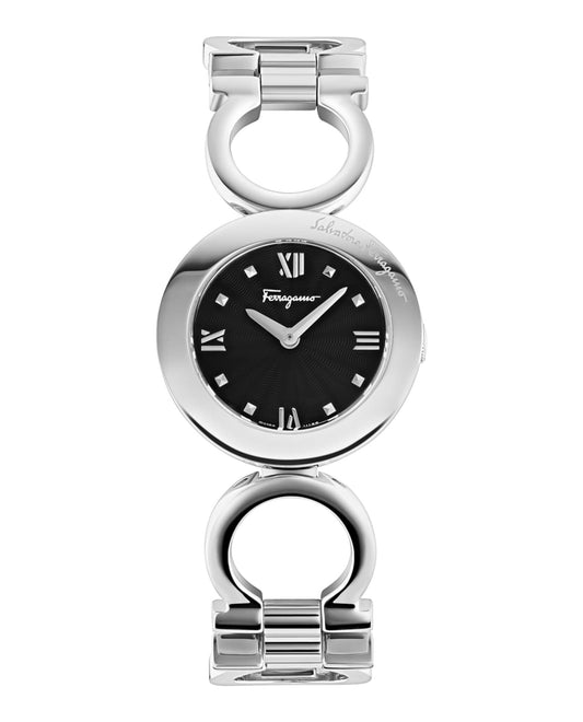Ferragamo Womens Swiss Made Watch Gancino Collection Featuring Adjustable Luxurious Stainless Steel Link Bracelet with Jewelry Clasp Closure and Black Sunray Dial 2 Hand Swiss Quartz Movement