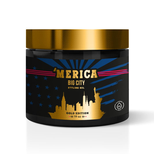 'MERICA Hair Gel for Men Strong Hold Gold Edition - Mens Hair Gel Extra Strength - Styling Gel for Hair Clear Hair Gel - Firm Hold Gel Hair High Shine Non-Flaking Curly Hair Gel (19oz)