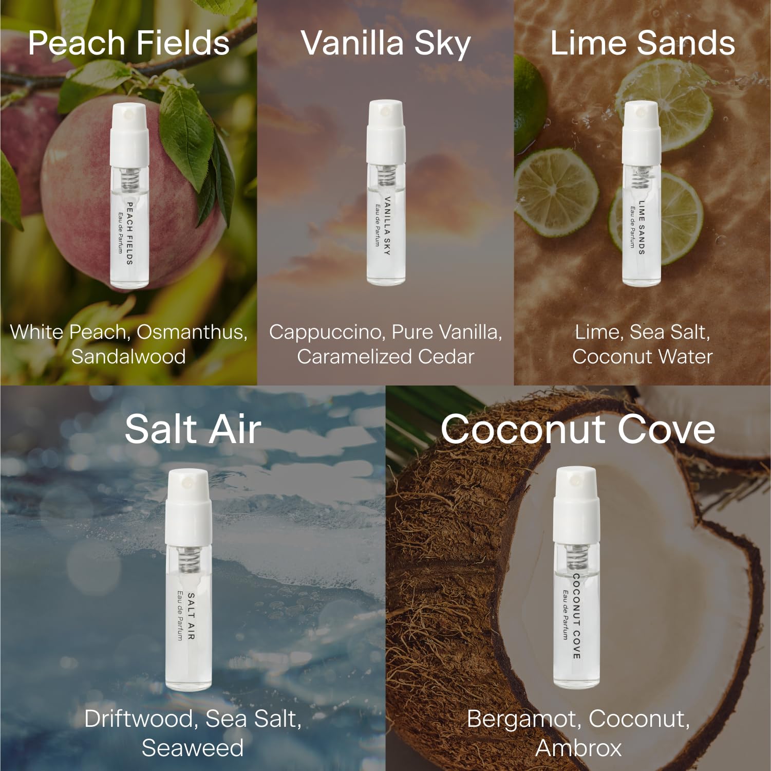 Skylar Perfume Discovery spray Sampler Set - Peach Fields, Vanilla Sky, Lime Sands, Salt Air, Coconut Cove - Hypoallergenic & Clean Perfume for Women & Men - 5 1.5mL