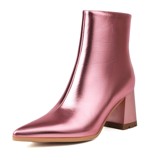 XIANGZU Women's Pink Boots Metallic Pointed Toe Block Chunky Heel Ankle Booties (7.5, Pink)