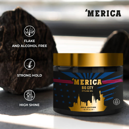 'MERICA Hair Gel for Men Strong Hold Gold Edition - Mens Hair Gel Extra Strength - Styling Gel for Hair Clear Hair Gel - Firm Hold Gel Hair High Shine Non-Flaking Curly Hair Gel (19oz)