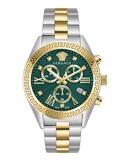 Versace Greca Chrono Collection Luxury Womens Watch Timepiece with a Gold/Silver Bracelet Featuring a Two Tone Case and Green Dial