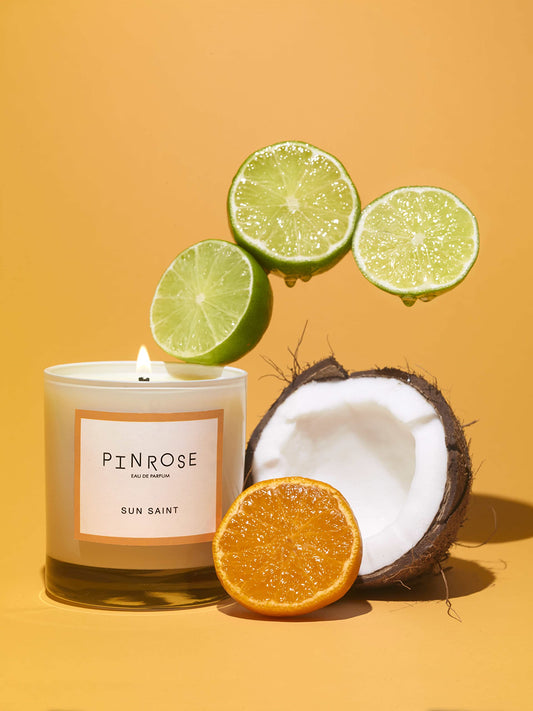 PINROSE Candles Sun Saint - Scented Apricot Wax Candles - Clean, Vegan, Cruelty-free, and Hypoallergenic Scent - Notes of Lime, Sea Salt, Coconut Wood, Eucalyptus, Sandalwood, Cashmere Musk
