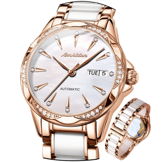 Womens Watch Automatic White Face Ladies Watch Mechanical Waterproof Self-Winding Wrist Watch Rose Gold Pearl Shell Dial Watches Day Date Woman Watches Ceramic Stainless Steel Diamond Watch for Ladies