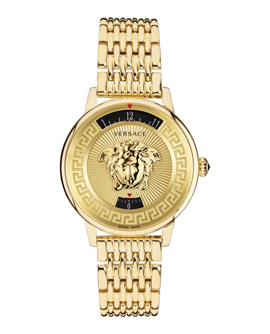 Versace Medusa Icon Collection Luxury Womens Watch Timepiece with a Gold Bracelet Featuring a Gold Case and Gold Dial