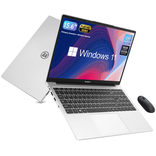 BHWW Windows 11 Laptop, 16GB RAM and 512GB SSD, Intel Celeron N5095 Laptop Computer, BaseBook for Study and Work, 15.6 inch 1080P FHD IPS, Cam Shelter, WiFi, HDMI, LAN, Type-C, Silver