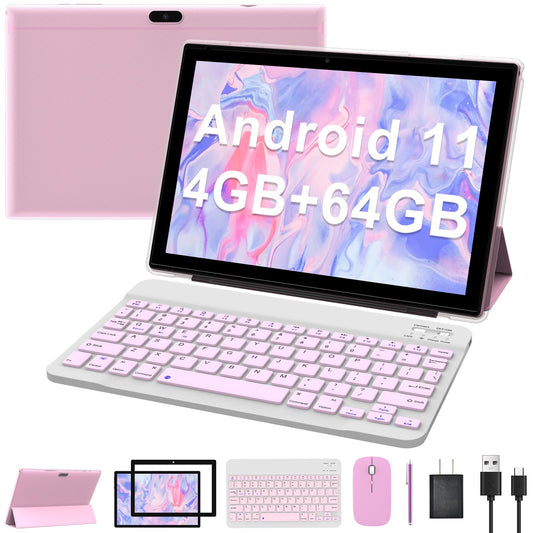 10.1 Inch Android 11 Tablet, Newest 2 in 1 Tablets, 4GB RAM+64GB ROM Quad-Core Processor, 1280*800 FHD Tableta with Keyboard/Mouse/Case/Stylus/Tempered Film, 8MP Dual Camera 6000mAh Battery 10" Tab PC