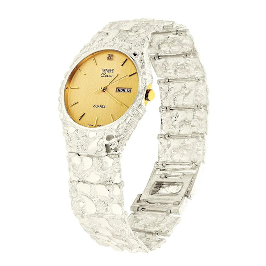Jewelry Store by Erik Rayo Men's Watch 925 Sterling Silver Nugget Wrist Watch Geneve Diamond Watch 7-7.5" 58 Grams Straight Band