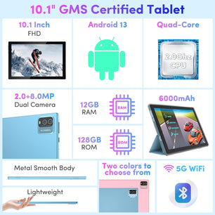Android 13 Tablet with Keyboard, 10 inch 2 in 1 Tablets, 12GB RAM+128GB ROM 2.0Ghz CPU Tableta, 2.4G/5G WiFi6 BT 5.0 Tablet PC, 1280*800 HD Tablet with Case Mouse Stylus Film, 6000mah Battery Tablet