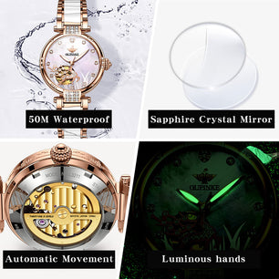 OUPINKE Womens Watches Elegant Diamond Skeleton Automatic Self Winding Pink Watches for Women Stainless Steeel Ceramic Band Waterproof Luminous Women's Wrist Watches