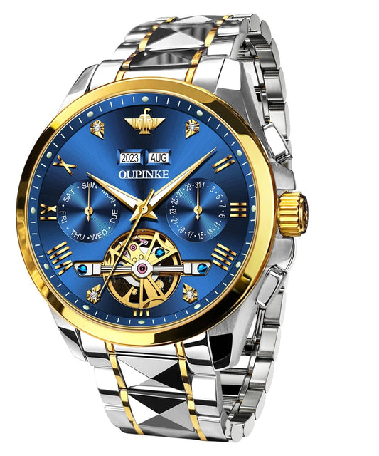 OUPINKE Men's Watch Automatic Designer Big Face Luxury Mechanical Skeleton Dress Business Wrist Watches Two Tone Tungsten Steel Waterproof Sapphire Calendar Blue