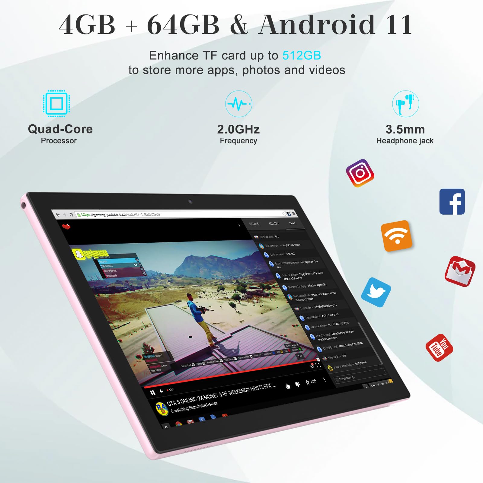 10.1 Inch Android 11 Tablet, Newest 2 in 1 Tablets, 4GB RAM+64GB ROM Quad-Core Processor, 1280*800 FHD Tableta with Keyboard/Mouse/Case/Stylus/Tempered Film, 8MP Dual Camera 6000mAh Battery 10" Tab PC