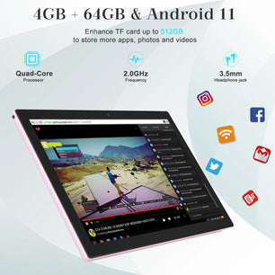 10.1 Inch Android 11 Tablet, Newest 2 in 1 Tablets, 4GB RAM+64GB ROM Quad-Core Processor, 1280*800 FHD Tableta with Keyboard/Mouse/Case/Stylus/Tempered Film, 8MP Dual Camera 6000mAh Battery 10