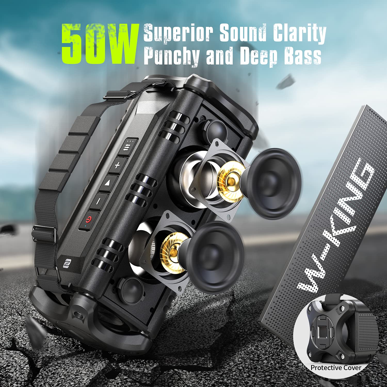 W-KING Bluetooth Speaker, 50W IPX6 Waterproof Loud Wireless, Large Outdoor Portable with Subwoofer for Deep Bass/Bluetooth 5.0/Power Bank/40H Play/TF/AUX/NFC/EQ