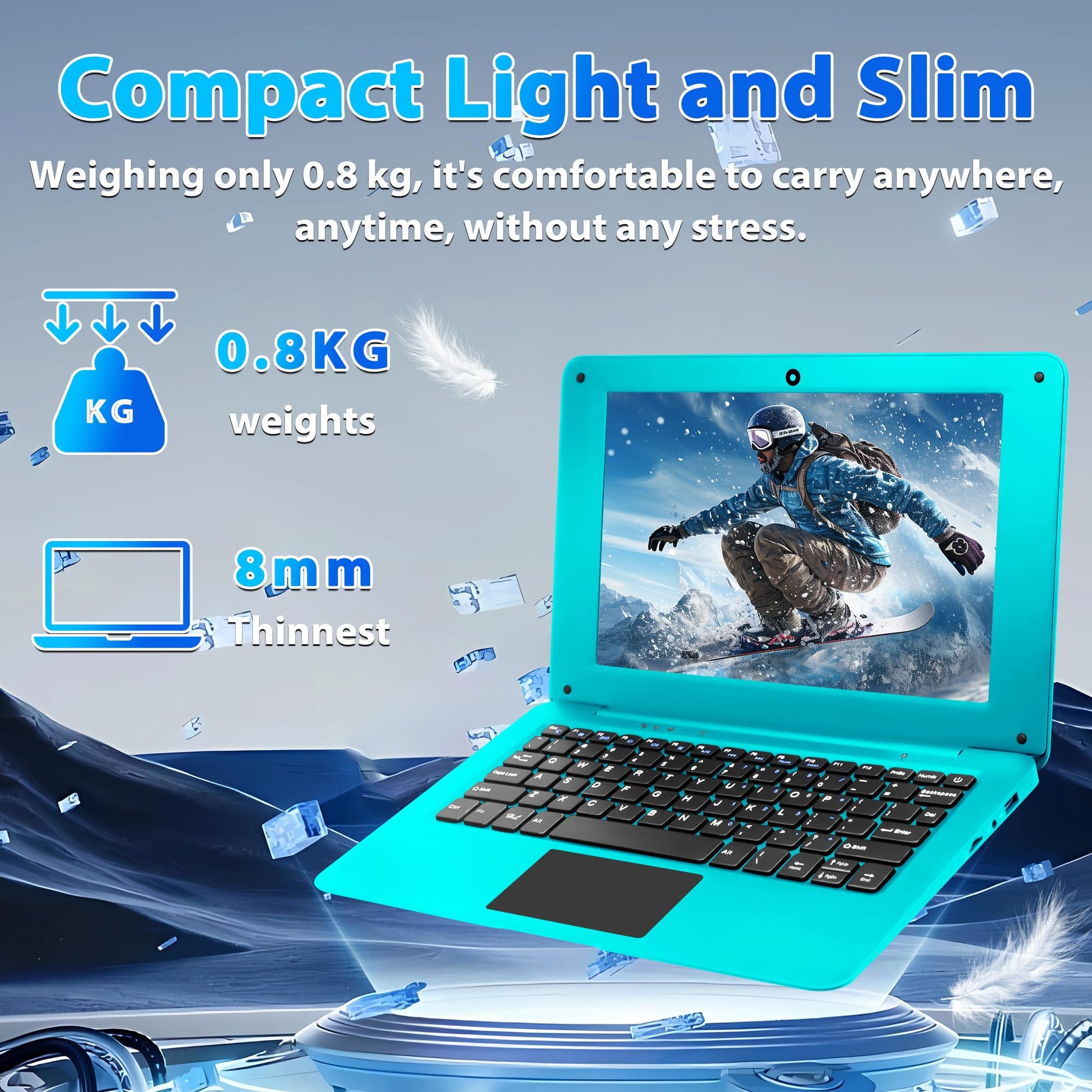 【Win10/Office2019】 10.1'' Compact Mini Laptop/Only 0.8kg / Lightweight and Slim/Mute High-Speed Celeron N3350 CPU, 1280 * 800 IPS, 3GB RAM/64GB ROM,for Beginners, Students, Business and Travel,Blue