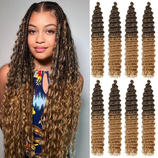 8 Packs Curly Braiding Hair for Black Women - 24 Inches Deep Wave Ocean Wave Crochet Hair Water Wave Braiding Hair for Boho Braids Twist Crochet Hair - Wet and Wavy Braiding Hair Extension