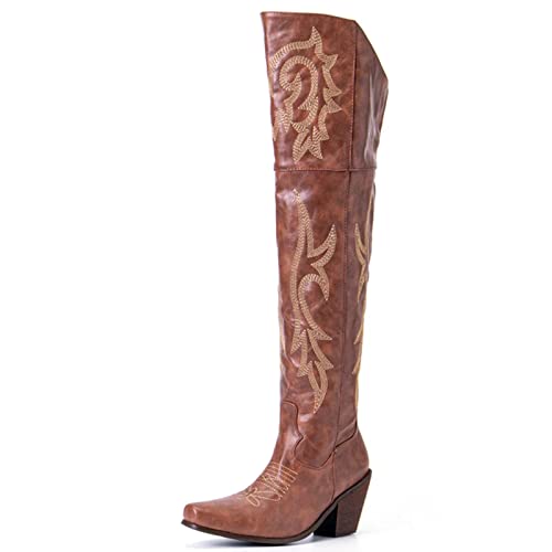 VOMIRA Over the Knee Boots for Women Pointed Toe Chunky Cork Heel Knight Boots Vintage Embroidery Cowgirl Knee High Boots