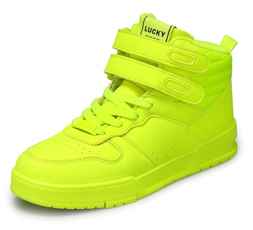 LUCKY STEP Women's High Top Fashion Sneakers Basketball Ankle Boots Walking Tennis Shoes Platform Hook and Loop Casual Faux Leather Sneaker(Lime,7B(M) US)
