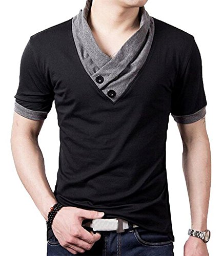 YTD Mens Cotton Casual V-Neck Button Slim Muscle Tops Tee Short Sleeve T-Shirts Small Black