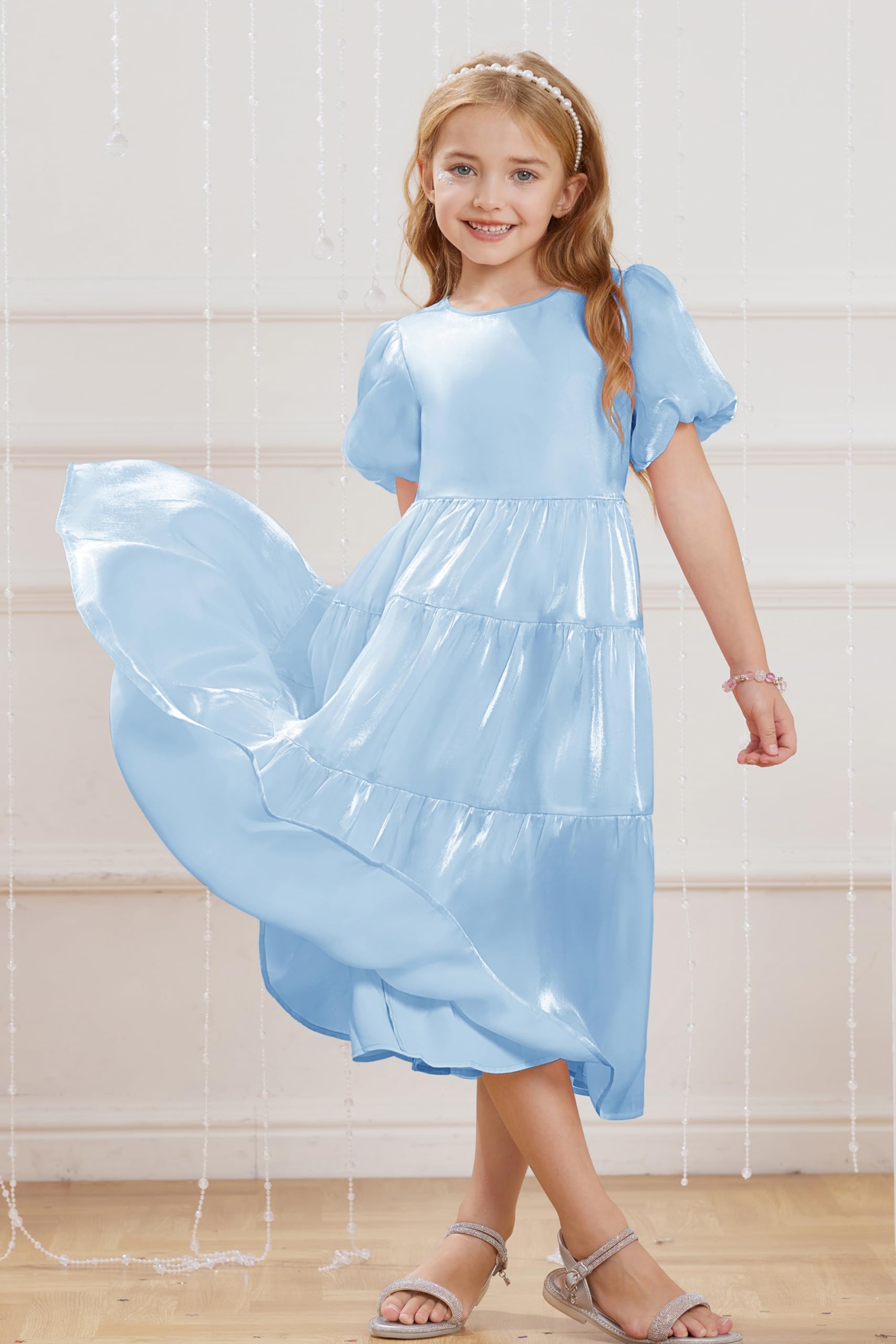 GRACE KARIN Girls A-line Elegant Maxi Party Dress Girls Summer Casual Dress Light Blue 10Y