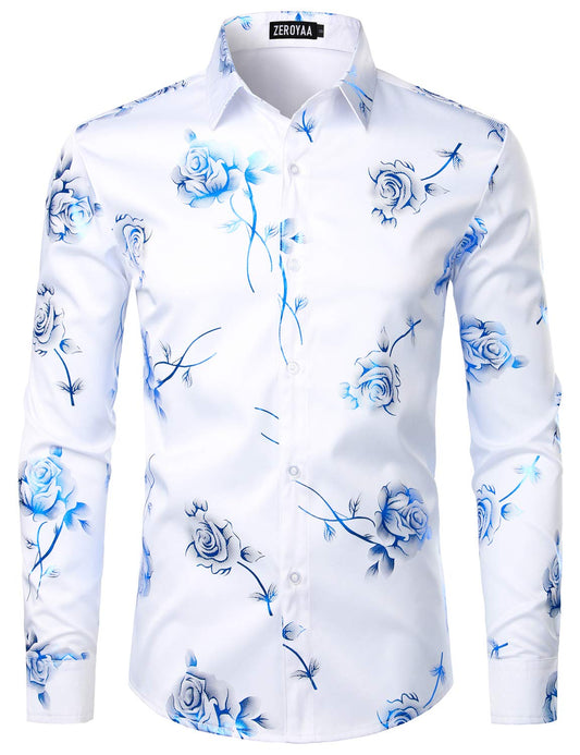 ZEROYAA Mens Hipster 3D Rose Deign Slim Fit Long Sleeve Button Up Dress Shirts ZZCL22 White Royal Blue Medium