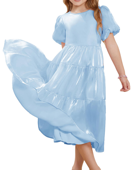 GRACE KARIN Girls A-line Elegant Maxi Party Dress Girls Summer Casual Dress Light Blue 10Y