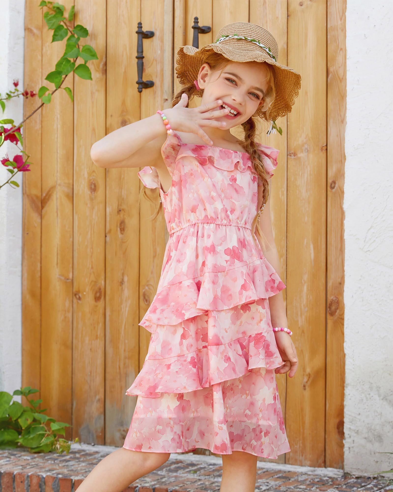 GRACE KARIN Pink Dress for Girls Floral Midi Summer Dress Kids Casual Party Sundresses Ruffle Tunic 7 Years
