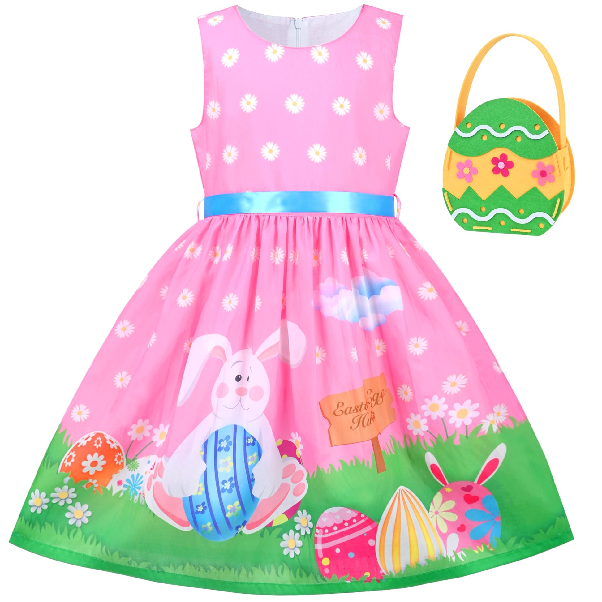 Girls Dress 2 Piece Bag Easter Bunny Egg Hunting Pink Holiday Size 9-10